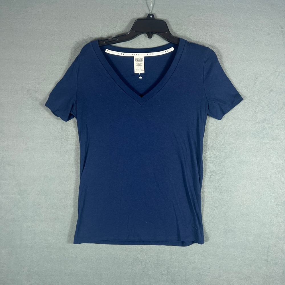 PINK Victoria's Secret Women Sleepwear Shirt S Navy Blue VNeck Short Sleeve Logo